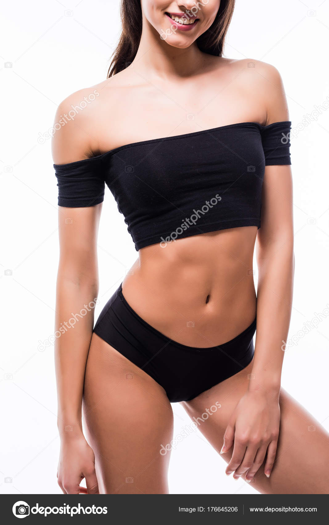 Woman In Black Swimsuit With Perfect Abs Fit Body On White Background Stock Photo Image By C Dan Grytsku Gmail Com