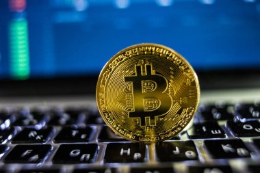 Laptop klavye sikke ve çizelgeler ve grafikler ile blockchain konseptiyle altın Bitcoin para birimi. Kripto yatırım güvenlik ve strateji.