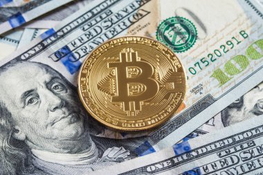 Bir Bitcoin yüz dolar üzerinde arka plan faturaları. Portre, makro çekim