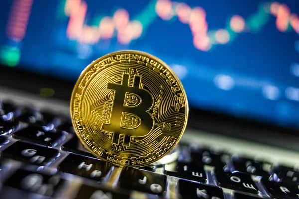 Moneda de Bitcoin de oro con concepto blockchain en el teclado portátil con monedas y gráficos y gráficos. Crypto seguridad de inversión y estrategia . — Foto de Stock