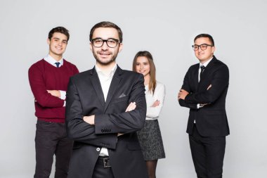 adam beyaz arka plan üzerinde grup iş adamları izole takım önünde