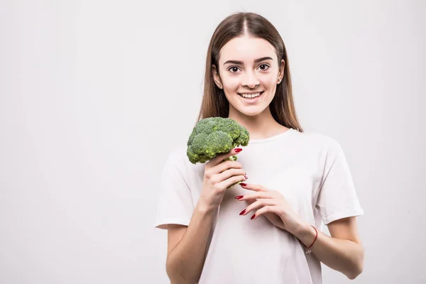 Retrato Chica Bonita Sosteniendo Brócoli Aislado Sobre Fondo Blanco — Foto de Stock