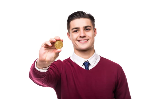 Golden Bitcoin Mužské Ruce Digitall Symbol Nové Virtuální Měny — Stock fotografie