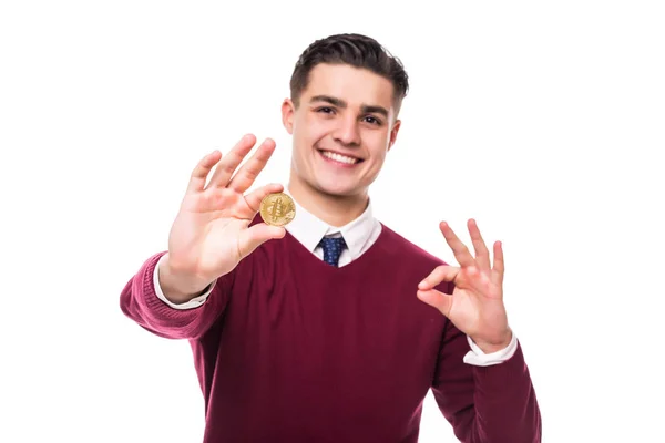 Stilig Business Mannen Med Bitcoin Hand Med Okej Skylt Isolerad — Stockfoto