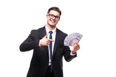Businessman holding dollar bills and pointed on isolated on white clipart