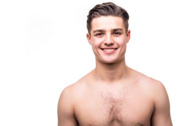 Üstsüz yakışıklı beyaz arka plan üzerinde izole seksi closeup portresi