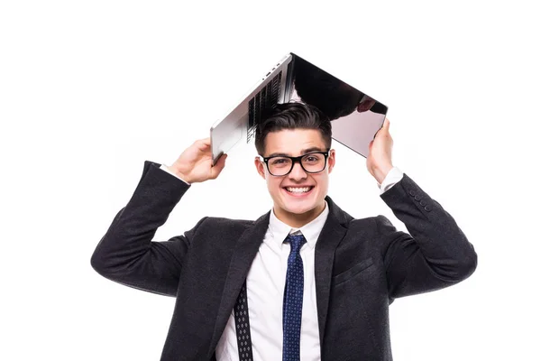 Knappe Zakenman Die Houdt Een Laptop Boven Zijn Hoofd Formals — Stockfoto