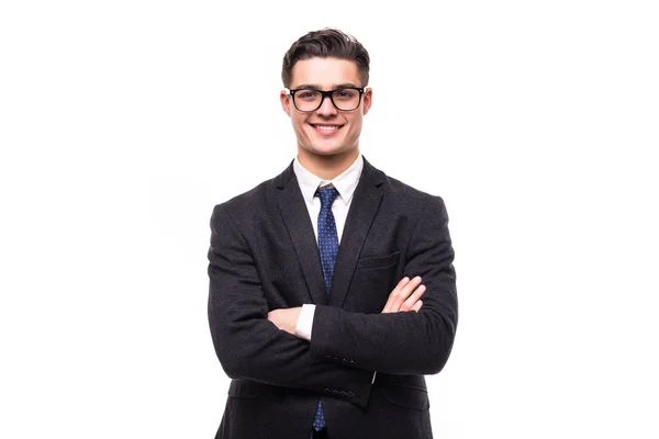 Retrato Feliz Hombre Negocios Sonriente Brazos Cruzados Posando Traje Negro —  Fotos de Stock