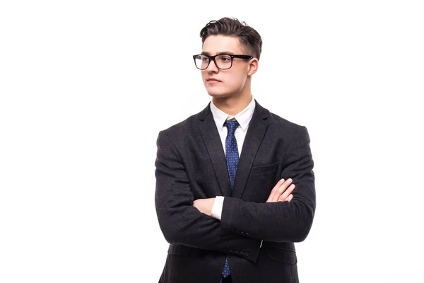 Portrait Happy Smiling Businessman Crossed Arms Pose Black Confident Suit — Stock Photo, Image