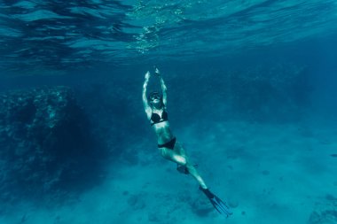 Genç kadın bir nefesle canlı mercan resif üzerinde kayma Sualtı çekim tutun