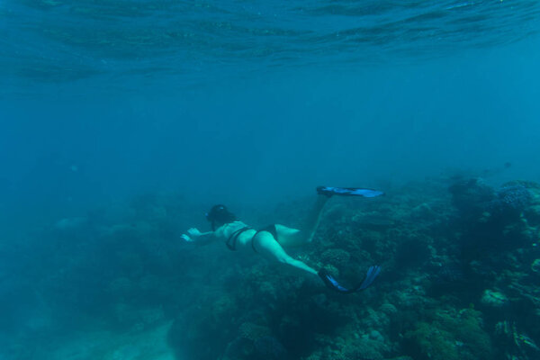 Underwater photo of woman snorkeling and free diving in a clear tropical water at coral reef. Sea underwater.