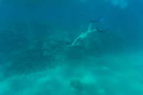Foto subaquática de mulher snorkeling e mergulho livre em uma água tropical clara no recife de coral. Mar subaquático . — Fotografia de Stock