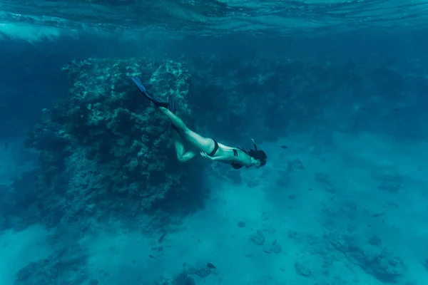 Подводная битая женщина в бикини с трубкой в прозрачной тропической воде на коралловом рифе — стоковое фото