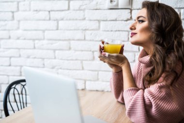 Genç kadın laptop üstünde onu laptop süre çay içme