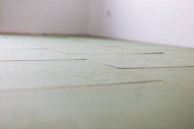 Laminat parke döşeme. Katta tıklayın kilit ahşap etkisi için hazır izolasyonlu temelini laminat laid için döşeme.