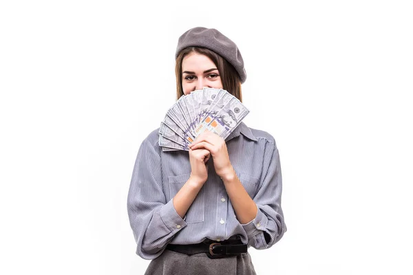 Imagen de la señora mirando cámara mientras cubre la cara con dinero dólares aislados sobre fondo blanco — Foto de Stock