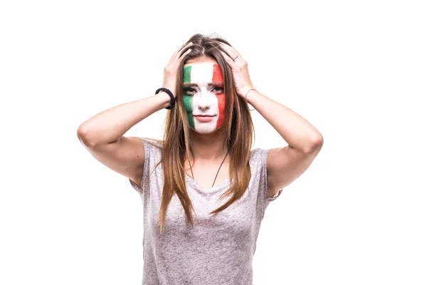 Pretty woman supporter fan of Mexico national team painted flag face get unhappy sad frustrated emoitions into a camera. Fans emotions. — Stock Photo, Image