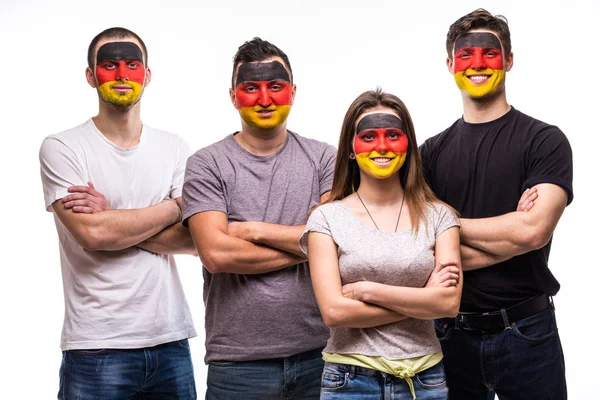 Grupo de simpatizantes de las personas fans de los equipos nacionales de Alemania con la cara pintada bandera aislado en blanco. Aficionados emociones . — Foto de Stock