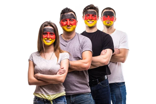 Grupo de simpatizantes del pueblo fans de las selecciones nacionales de Alemania con bandera pintada cara a mano toghether. Aficionados emociones . — Foto de Stock