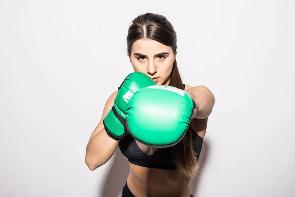 Fitness healthy woman boxing in studio isolated on white background — Stock Photo, Image