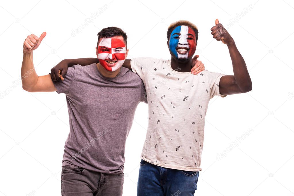 Football fans supporters with painted face of national teams of France and Croatia isolated on white background