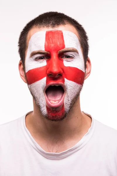 Gesicht Porträt der glücklichen schreienden Fan-Unterstützung Englands Nationalmannschaft mit gemaltem Gesicht isoliert auf weißem Hintergrund — Stockfoto