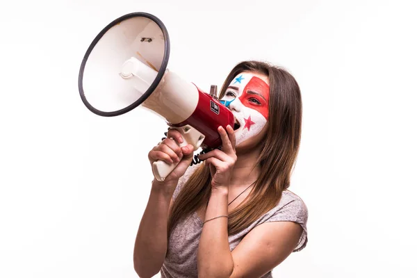 Fan support of Panama national team with painted face shout with loudspeaker isolated on white background — Stock Photo, Image