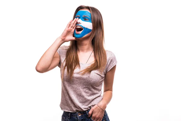 Fan támogatás-Argentina válogatott festett arcát kiáltás és sikoly, elszigetelt fehér background — Stock Fotó
