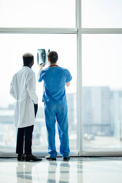 Back of mixed race doctors two doctors checking X-rays on light of panoramic windows on modern office background