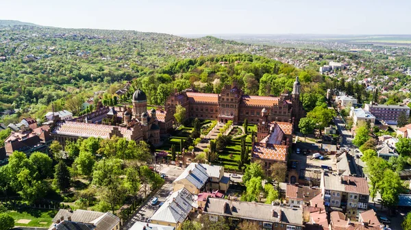 CHERNIVTSI, UKRAINE - April, 2018: Residence of Bukovinian and Dalmatian Metropolitans. Chernivtsi National University from above aerial view. Chernivtsi touristic destination of Ukraine.