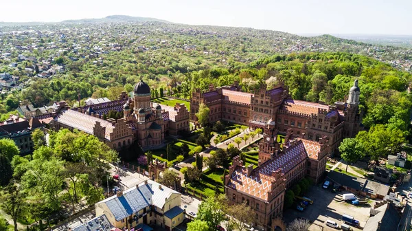 CHERNIVTSI, UKRAINE - April, 2018: Residence of Bukovinian and Dalmatian Metropolitans. Chernivtsi National University from above aerial view. Chernivtsi touristic destination of Ukraine.