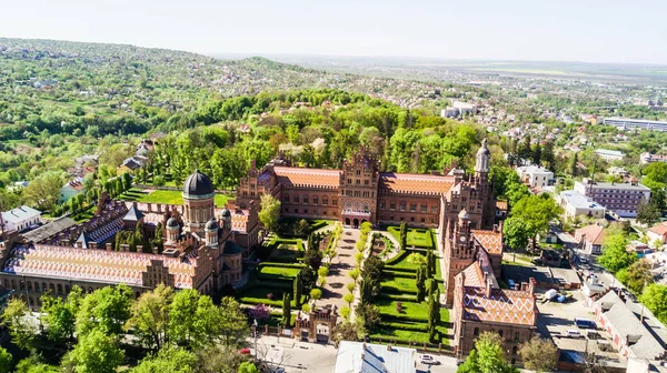 CHERNIVTSI, UKRAINE - April, 2018: Residence of Bukovinian and Dalmatian Metropolitans. Chernivtsi National University from above aerial view. Chernivtsi touristic destination of Ukraine.