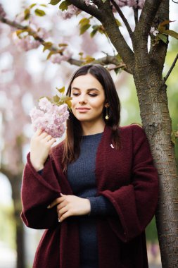 Sakura çiçek açan ağaç. Genç kadın elinde sakura ağacı açık havada yakınındaki sakura çiçekli güzel.