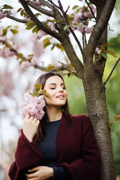 Sakura virágzó fa. Fiatal csinos nő sakura virágokat kezében sakura fát szabadban közelében. — Stock Fotó