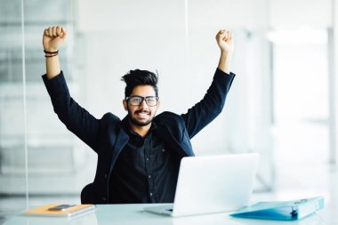 Müjdemi isterim, kutlama modern ofis ayarı nedeniyle muzaffer başarı sevinç çığlıkları Danışma laptop önünde mutlu yakışıklı Hintli işadamı. Başarılı bir anlaşma, iş başarı konsantrasyon