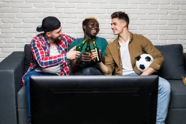 Tv izlerken bira şerefe kadeh tutan mutlu neşeli erkekler