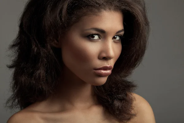 Portrait of an extraordinary beautiful naked metis young woman with perfect smooth glowing mulatto skin, full lips and lush loose brown hair. Studio shoot of an african american female model — Stock Photo, Image