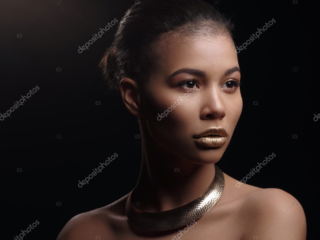 Fashion Portrait Of A Beautiful Naked African American Woman With Perfect Smooth Glowing Mulatto