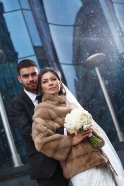 Güzel ve yumuşak Kış Düğün Fotoğraf oturumu açık zarif Çift Klasik smokin kılık bir buket ve damat tutarak örtü ile Beyaz giysili (gelin), Aile Romantik portresi