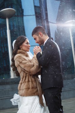 Güzel ve yumuşak Kış Düğün Fotoğraf oturumu açık havada zarif çift (örtü ile beyaz elbiseli) gelinle damat klasik smokin kostüm, Aile Romantik portresi, kar yağışı