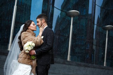 Güzel ve yumuşak Kış Düğün Fotoğraf oturumu açık zarif Çift Klasik smokin kılık bir buket ve damat tutarak örtü ile Beyaz giysili (gelin), Aile Romantik portresi