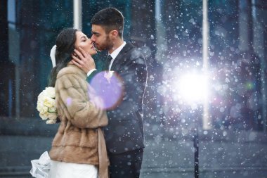 Güzel ve yumuşak Kış Düğün Fotoğraf oturumu açık zarif Çift Klasik smokin kılık bir buket ve damat tutarak örtü ile Beyaz giysili (gelin), Aile Romantik portresi