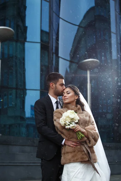 Güzel ve yumuşak Kış Düğün Fotoğraf oturumu açık zarif Çift Klasik smokin kılık bir buket ve damat tutarak örtü ile Beyaz giysili (gelin), Aile Romantik portresi
