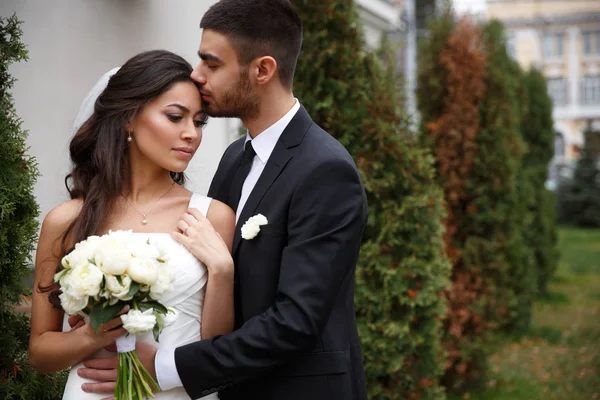 Schöne und sanfte Hochzeitsfotosession im Freien des eleganten Paares (Braut im weißen Kleid mit Schleier, die einen Strauß hält und Bräutigam im klassischen Smoking-Kostüm), romantisches Familienporträt — Stockfoto