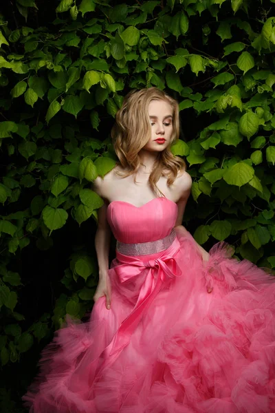 Linda, encantadora jovem com fechaduras loiras e maquiagem vestindo vestido de noite rosa com saia fofa está posando ao ar livre perto do arbusto. Parede de folhas no fundo. Fotocaça ao ar livre de verão — Fotografia de Stock