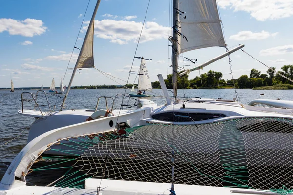 Aangemeerde catamaran met zeil, regatta — Stockfoto