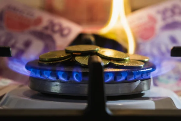 Газовий пальник з вогнем і валютою . — стокове фото