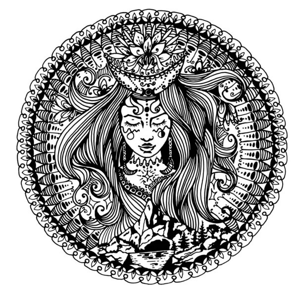 Dibujo dibujado de la diosa de la luna, mandala, vector imag . — Vector de stock