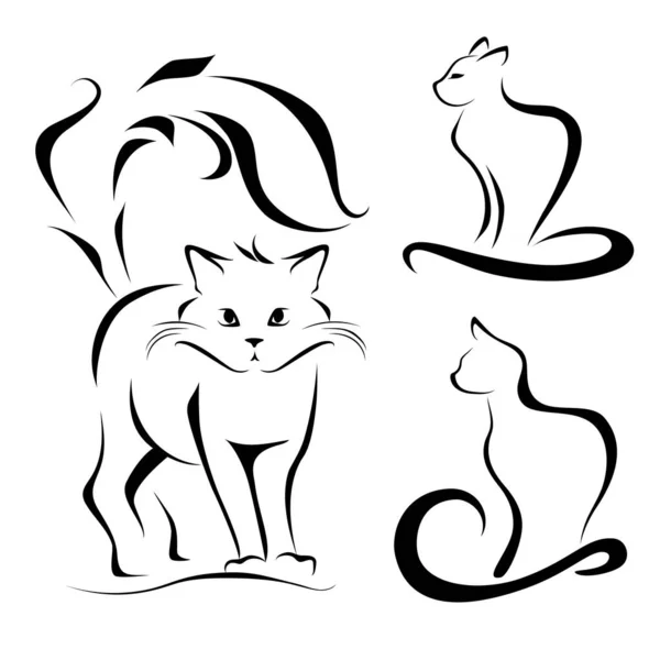 Imagine cu pisici, contururi. Pisici abstracte pictate, linii. Tatuaj. Pisici vectoriale. Vector — Vector de stoc