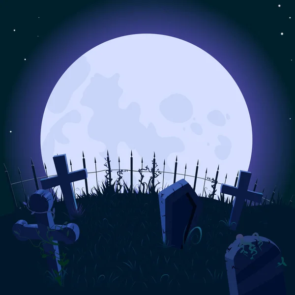 Fondo con la luna grande y el cementerio, vector. Fondo para Halloween — Vector de stock